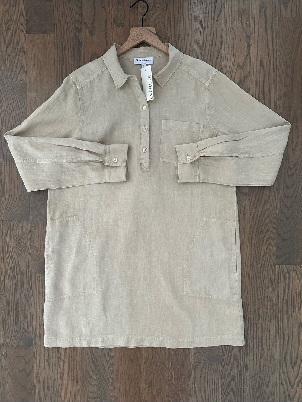NWT Michael Stars Eleanor Collared 100% Linen Shirt Dress in Tan Large